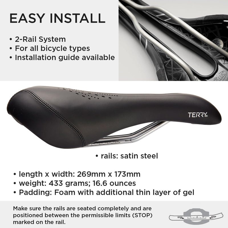 Terry Bike Saddle - Liberator Y Gel Saddle Bike Seat for Men's Cycling - Padded Wide Bike Seat Cushion for Comfortable Long Rides, Black Dura-tek Bicycle Seat Cover - Image 4